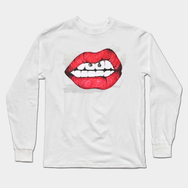 Red Lips Long Sleeve T-Shirt by NerdsbyLeo